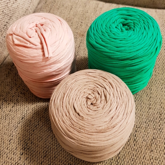Multi Other - 3 Skeins of recycled tshirt yarn pink green and beige